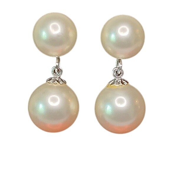 Vintage Double Faux Pearl Dangle Clip On Earrings Maravella Silvertone - Picture 4 of 5